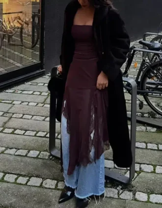 Asymmetrisches Bandeau-Midi-Kleid aus Tüll mit Spitzenbesatz